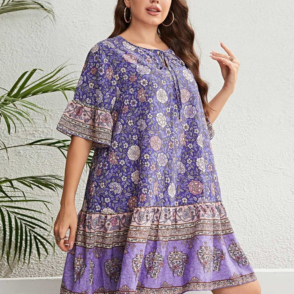 White Label Women's Purple Plus Size Floral Tie Neck Flounce Sleeve Mini Dress - Picture 5 of 6